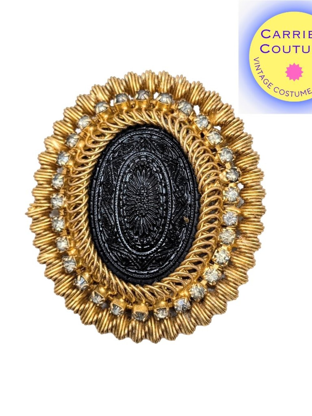 Vintage Signed DeNicola Oval Goldtone Black Cut Rhinestone Pendant/Brooch